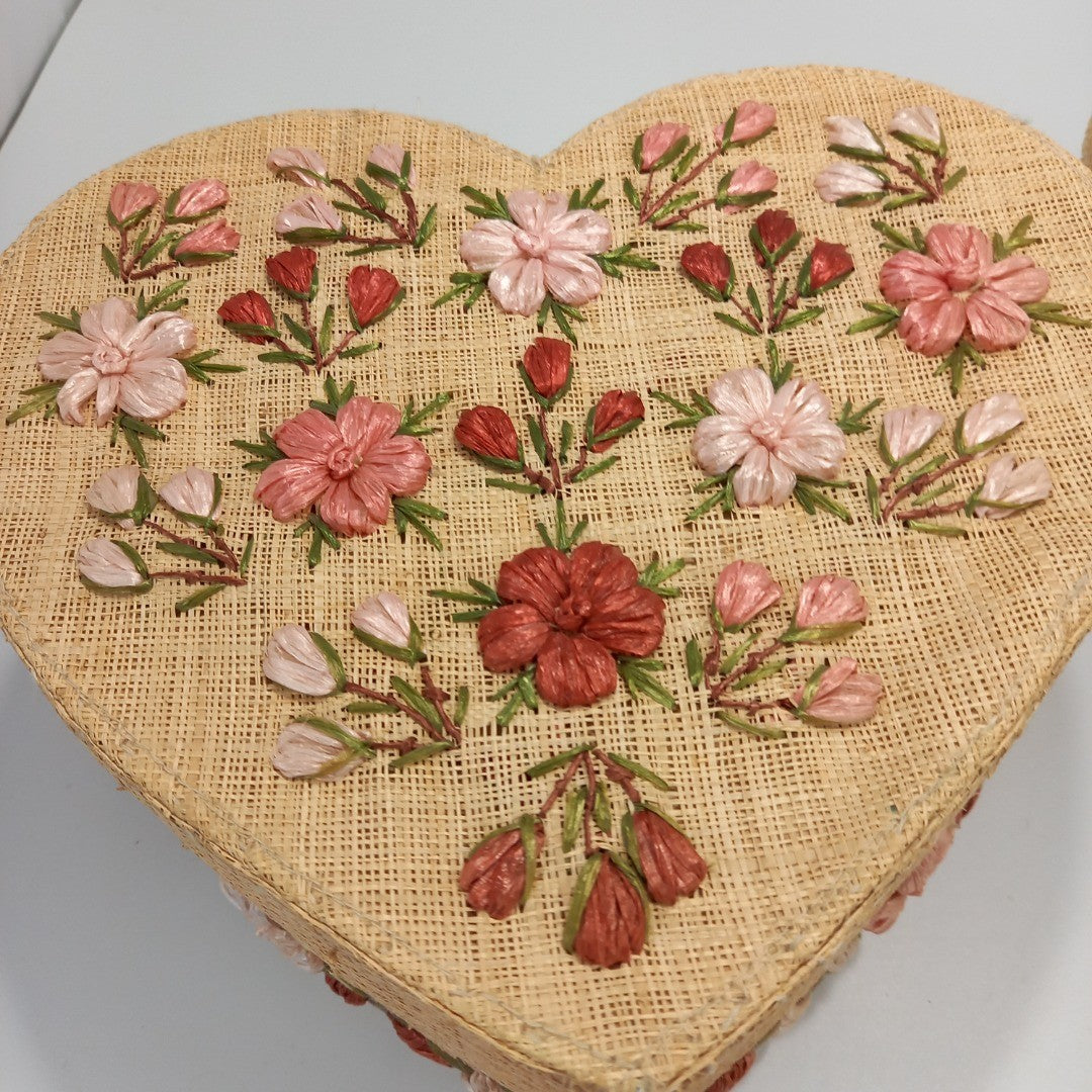 Woven Heart Shaped Baskets Floral Detailing Set of 2