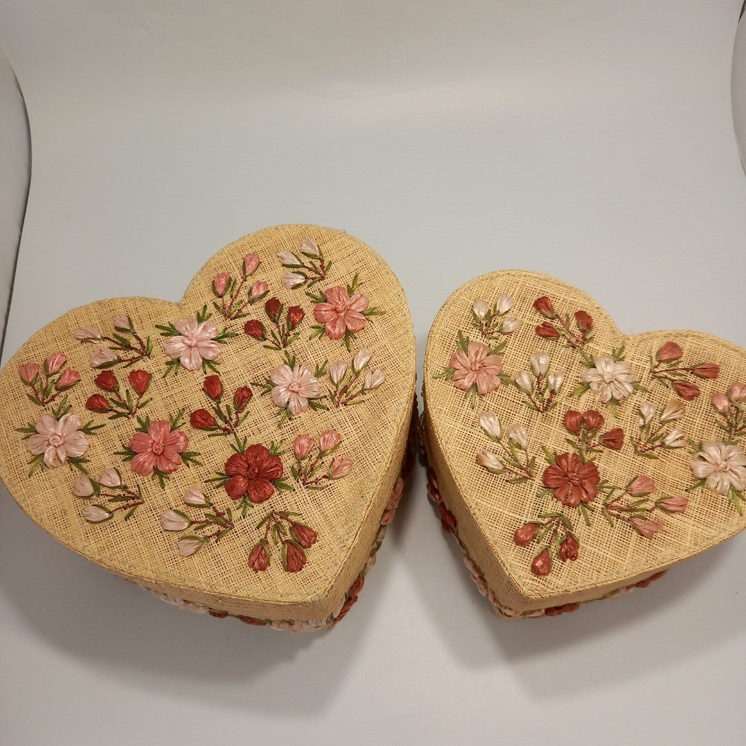 Woven Heart Shaped Baskets Floral Detailing Set of 2