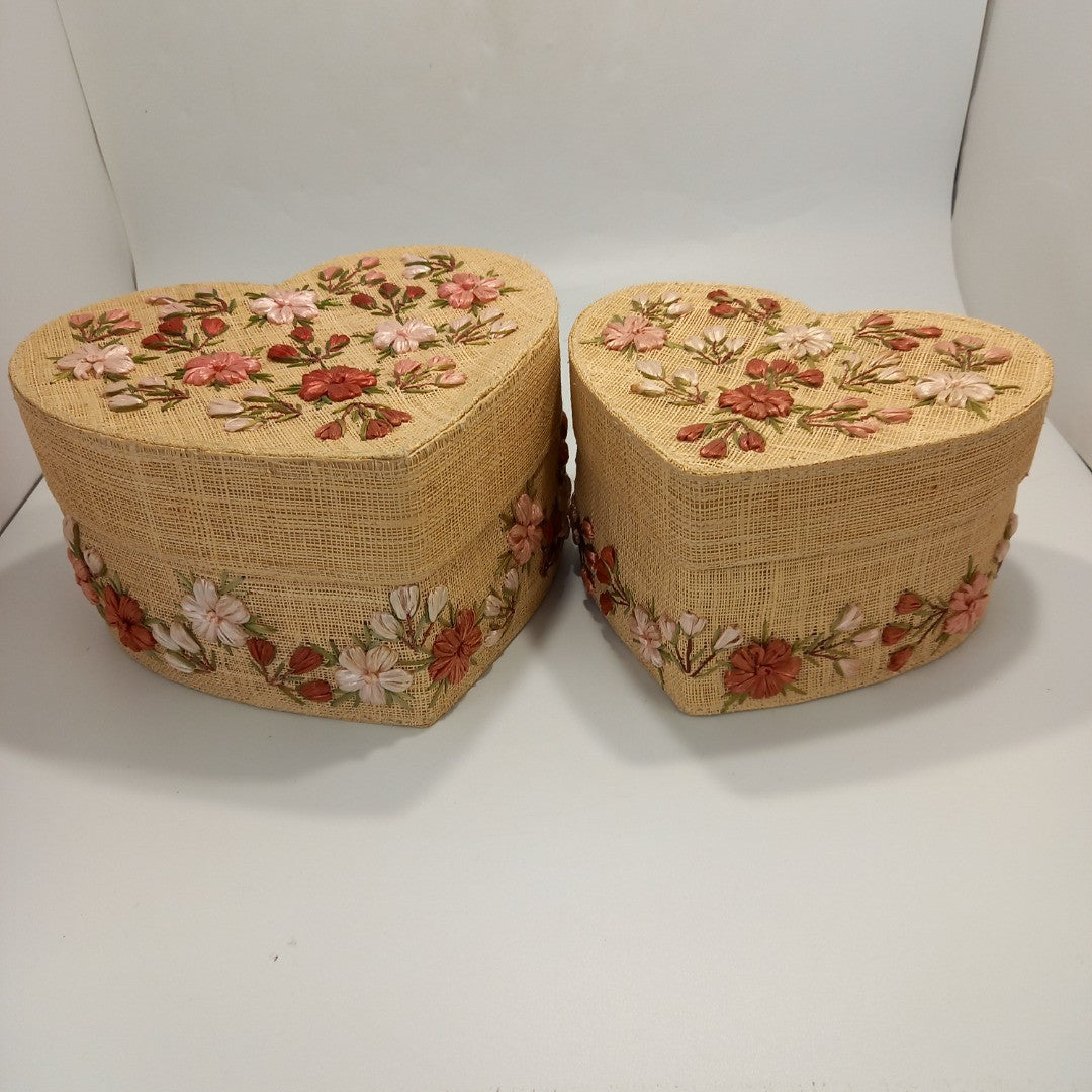 Woven Heart Shaped Baskets Floral Detailing Set of 2