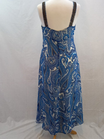 Phase Eight Blue Paisley Beaded V Neck Floaty Summer Maxi Dress - Size 14