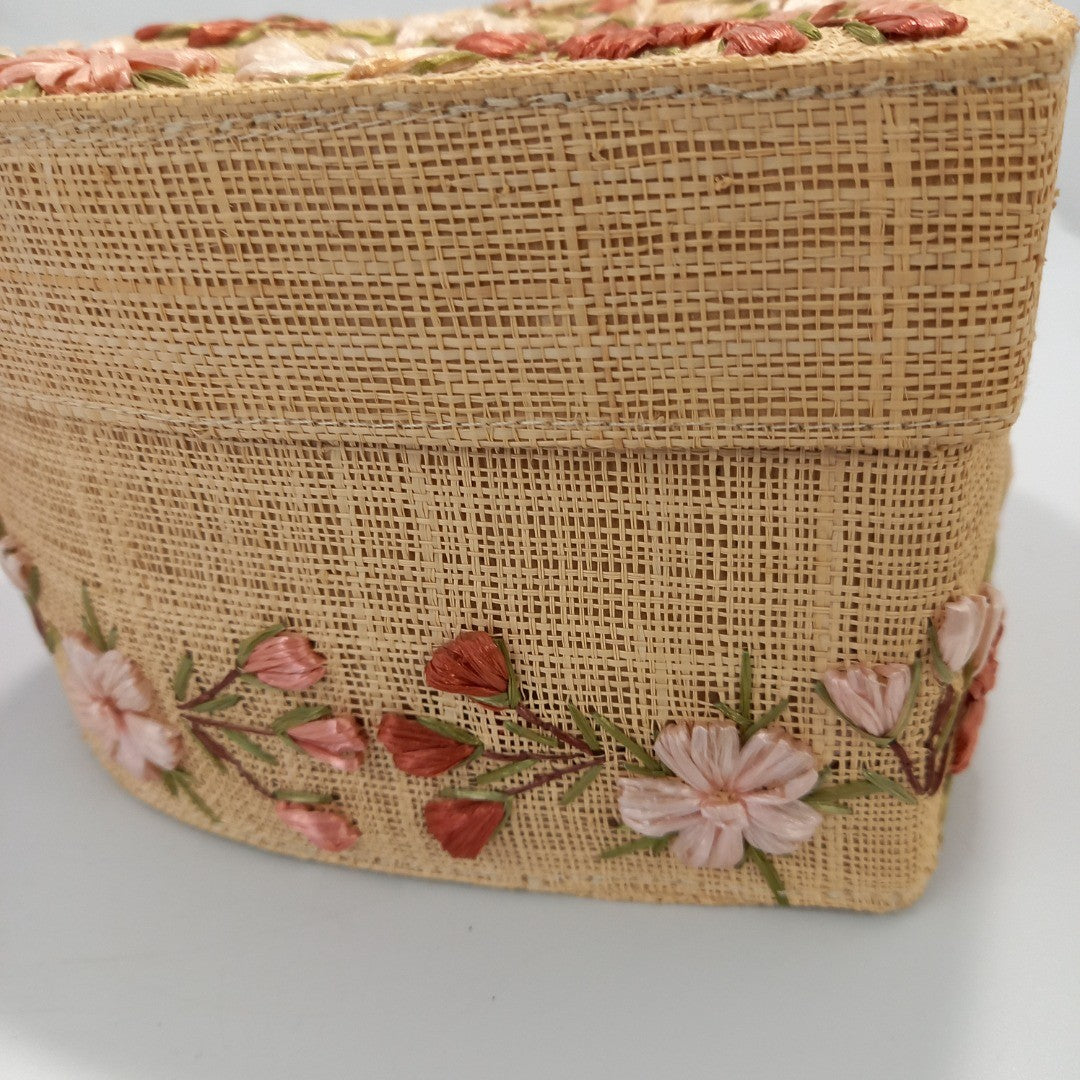 Woven Heart Shaped Baskets Floral Detailing Set of 2