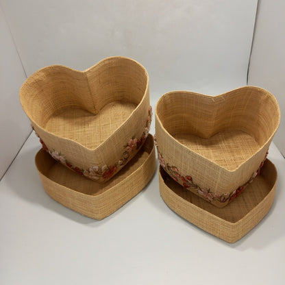 Woven Heart Shaped Baskets Floral Detailing Set of 2