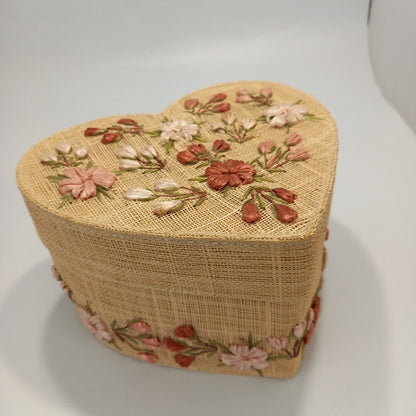 Woven Heart Shaped Baskets Floral Detailing Set of 2