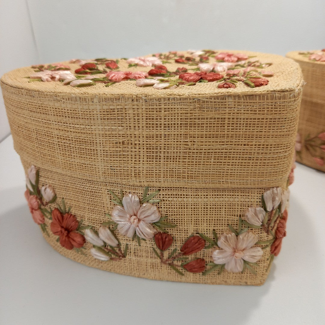 Woven Heart Shaped Baskets Floral Detailing Set of 2