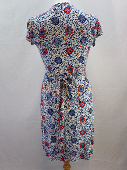 Boden Multicoloured Floral Jersey Wraparound V Neck Dress - Size UK 12