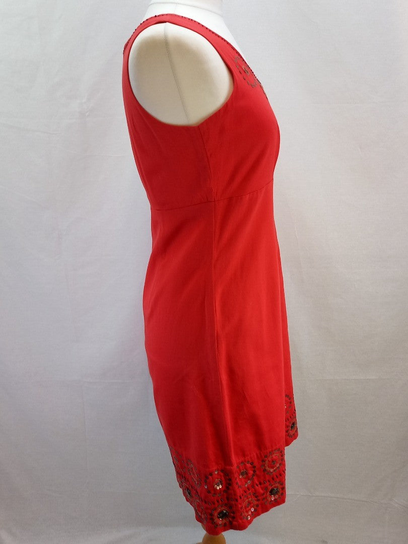 Boden Red Beaded Sequin Embroidered Sleeveless Shift Dress - Size UK 14
