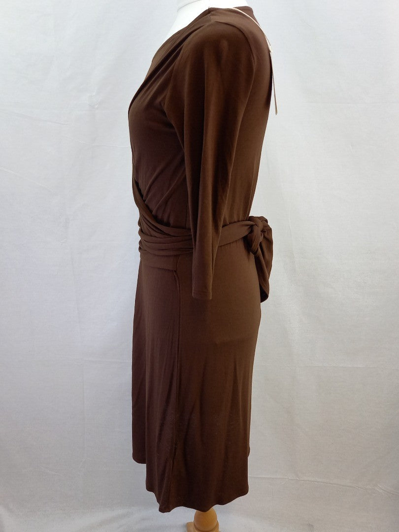 Toast Brown Modal Wool Jersey Wraparound Dress New with Tag - Size 10