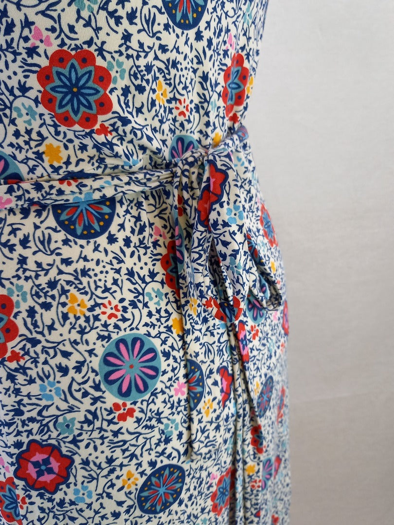 Boden Multicoloured Floral Jersey Wraparound V Neck Dress - Size UK 12