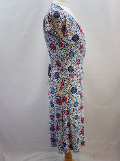 Boden Multicoloured Floral Jersey Wraparound V Neck Dress - Size UK 12