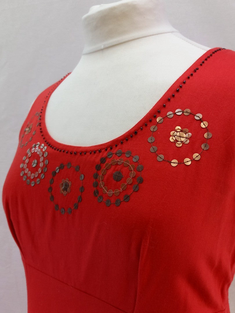 Boden Red Beaded Sequin Embroidered Sleeveless Shift Dress - Size UK 14