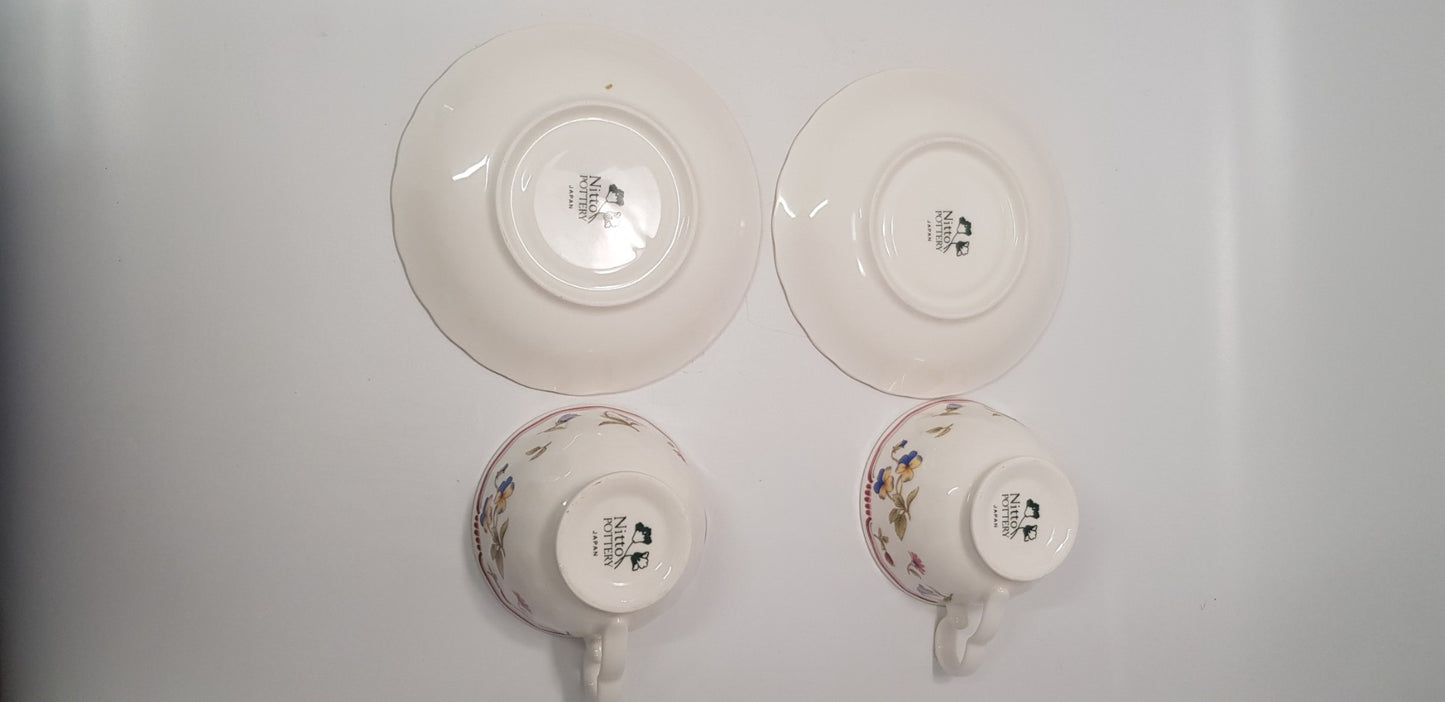 Nitto Pottery 2 x Cups & Saucers Japanese Floral Design VGC