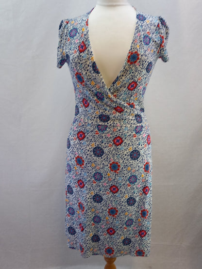 Boden Multicoloured Floral Jersey Wraparound V Neck Dress - Size UK 12