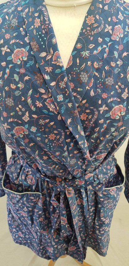 Liberty Summer Dressing Gown Blue with Pink flowers Size S VGC