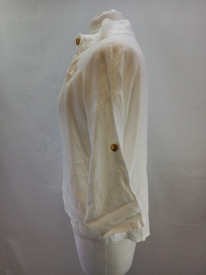 Bellambra White Linen Asymmetrical Collar Linen Lagenlook Top - Size S