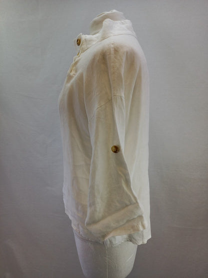 Bellambra White Linen Asymmetrical Collar Linen Lagenlook Top - Size S