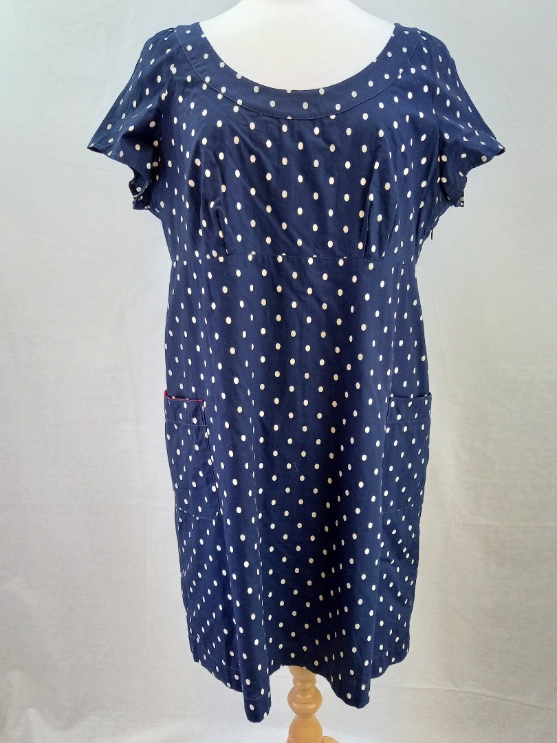 Joules Navy Blue & White Polka Dot Retro Cotton Dress with Pockets - Size UK 18