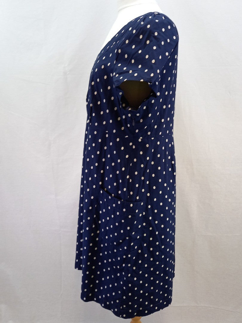 Joules Navy Blue & White Polka Dot Retro Cotton Dress with Pockets - Size UK 18