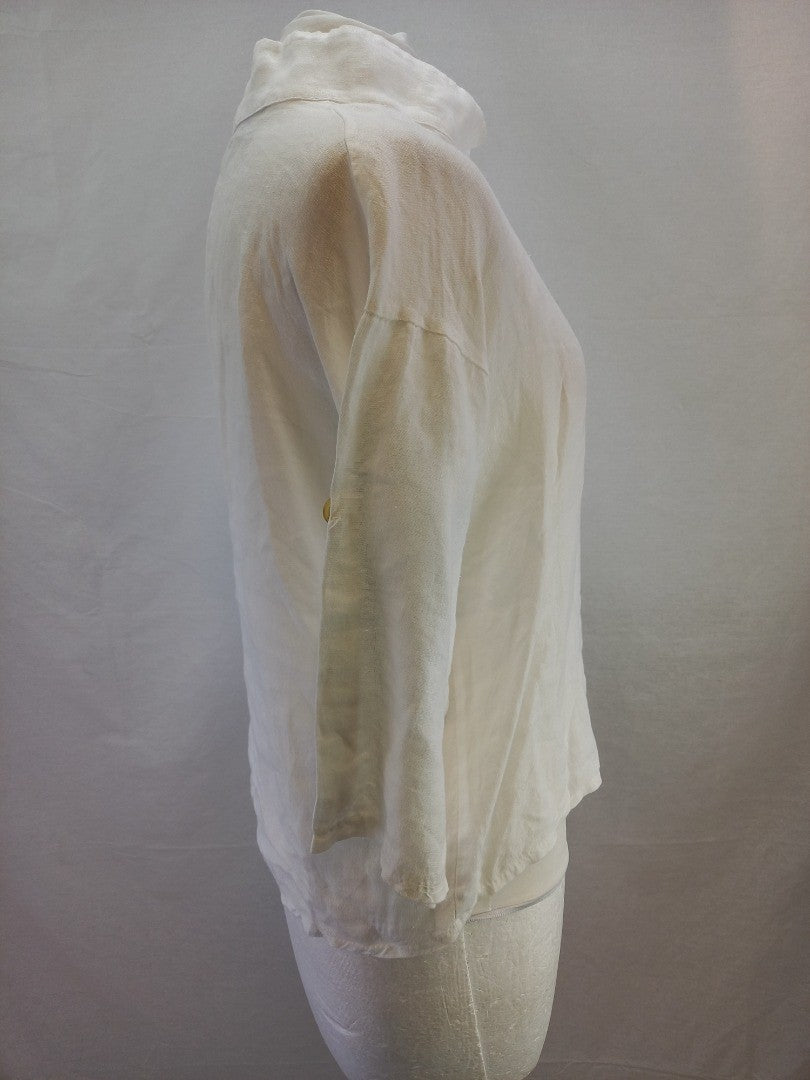 Bellambra White Linen Asymmetrical Collar Linen Lagenlook Top - Size S