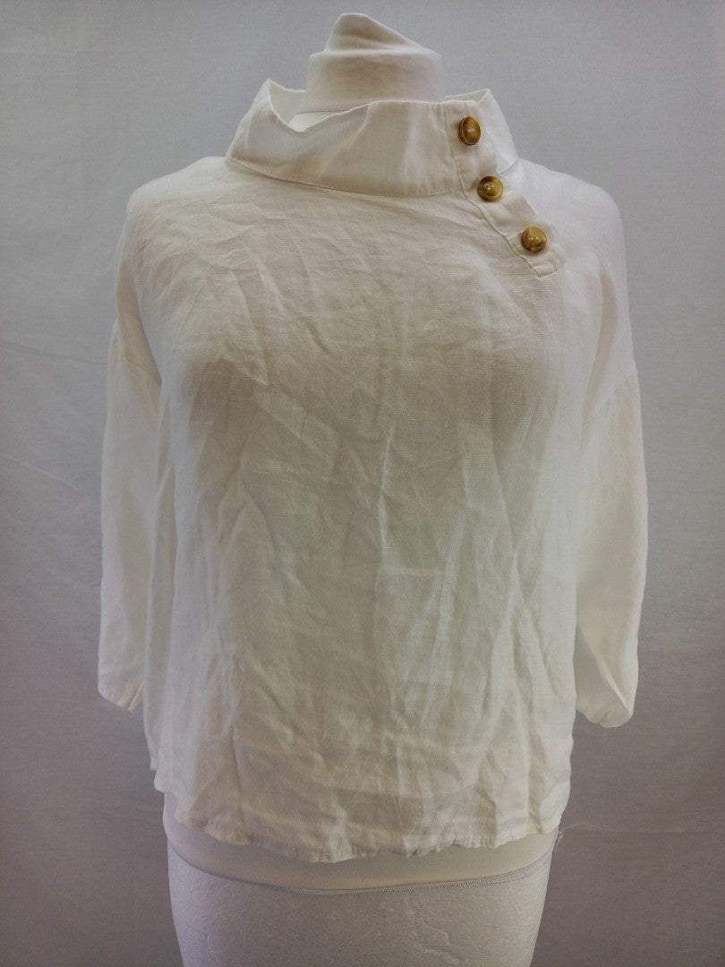 Bellambra White Linen Asymmetrical Collar Linen Lagenlook Top - Size S