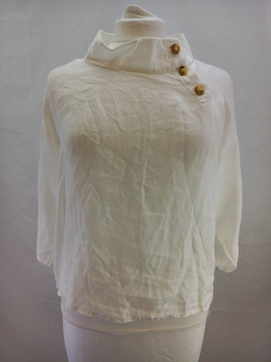 Bellambra White Linen Asymmetrical Collar Linen Lagenlook Top - Size S