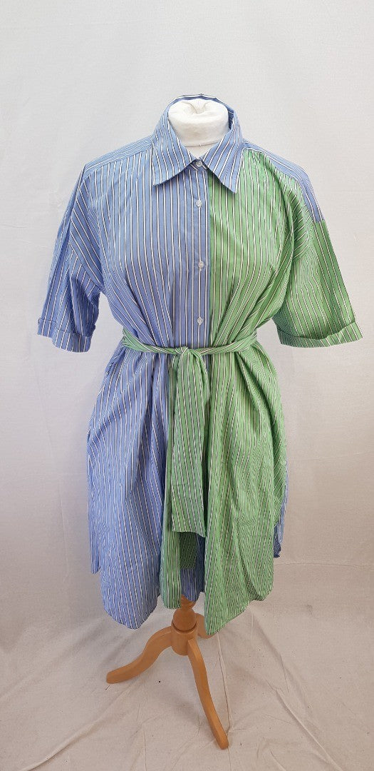 Culture Green Blue White Stripy 100% Cotton Shirt Dress Size S/M BNWT