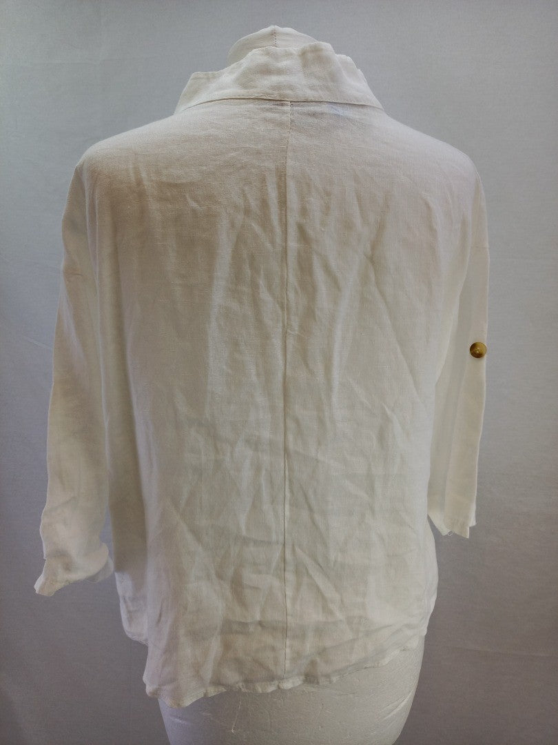 Bellambra White Linen Asymmetrical Collar Linen Lagenlook Top - Size S