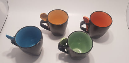 WIV x4 Ceramic Colourful Coffee Mugs with Matching Spoons - BNIB