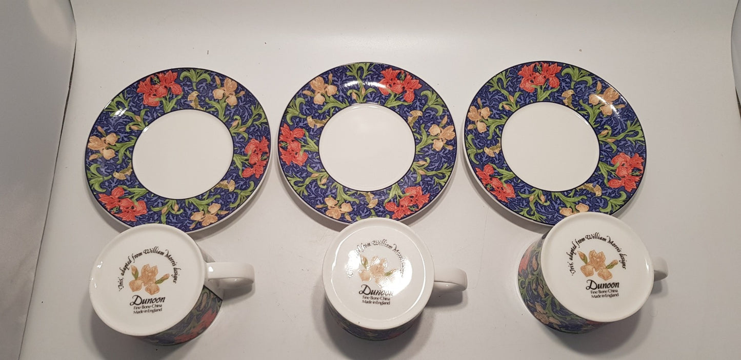 Set of 3 Dunoon Cups & Saucers Fine Bone China Based on William Morris Flower Designs