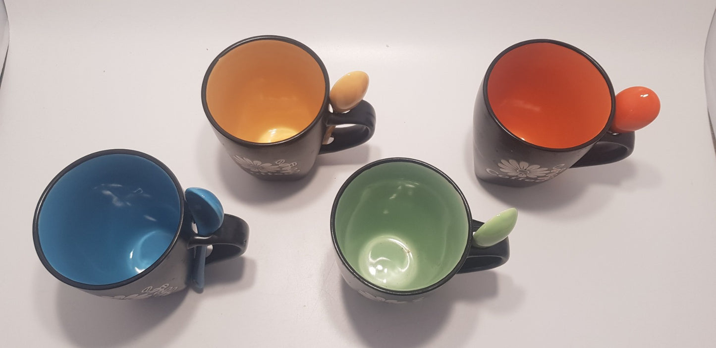 WIV x4 Ceramic Colourful Coffee Mugs with Matching Spoons - BNIB