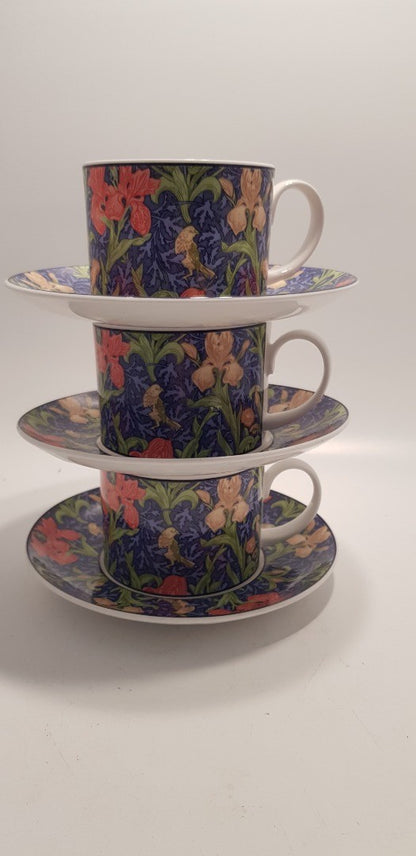 Set of 3 Dunoon Cups & Saucers Fine Bone China Based on William Morris Flower Designs