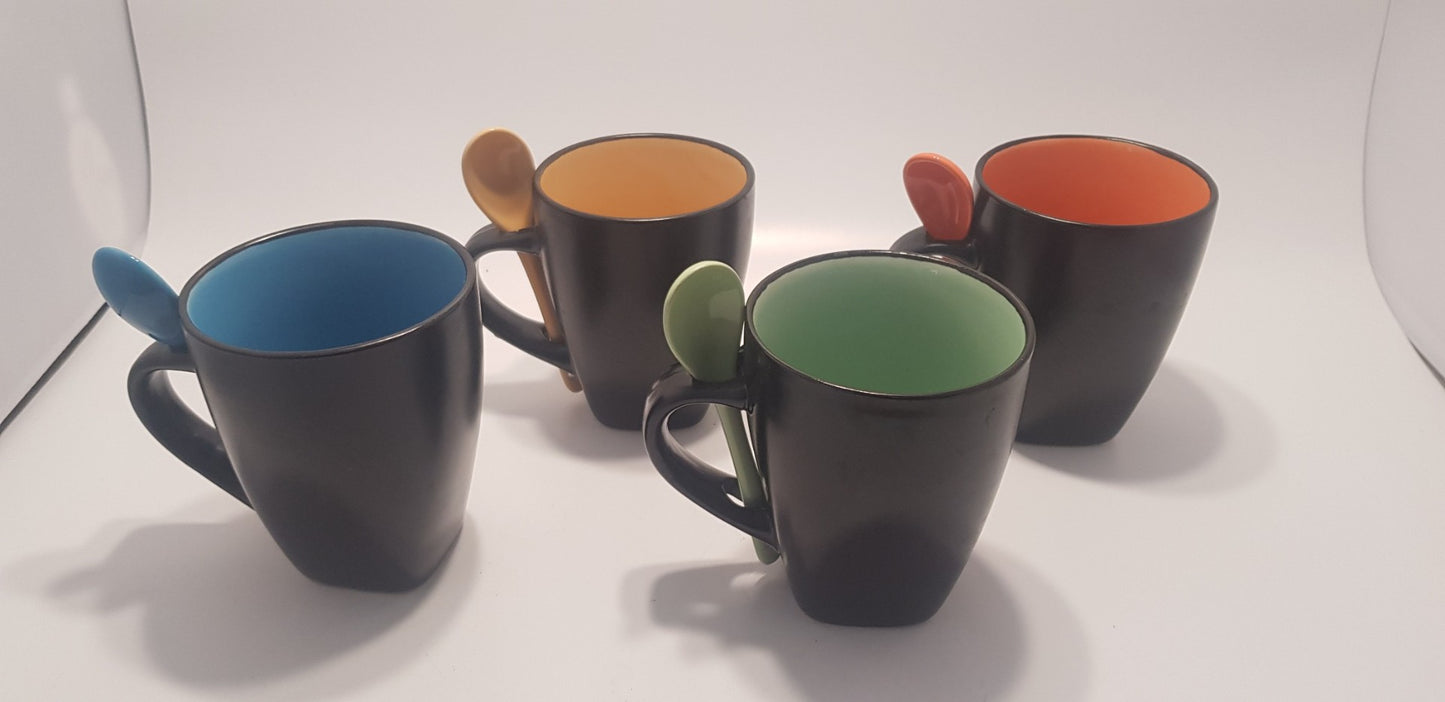 WIV x4 Ceramic Colourful Coffee Mugs with Matching Spoons - BNIB