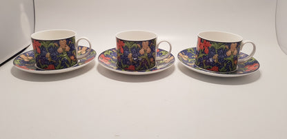 Set of 3 Dunoon Cups & Saucers Fine Bone China Based on William Morris Flower Designs