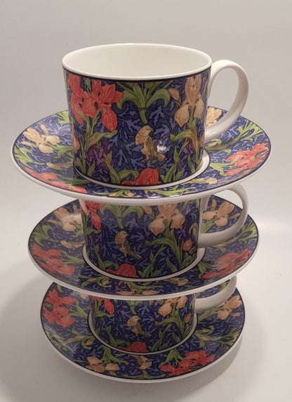 Set of 3 Dunoon Cups & Saucers Fine Bone China Based on William Morris Flower Designs