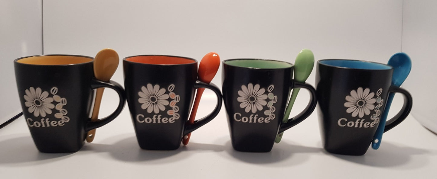 WIV x4 Ceramic Colourful Coffee Mugs with Matching Spoons - BNIB