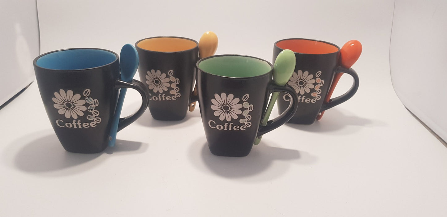 WIV x4 Ceramic Colourful Coffee Mugs with Matching Spoons - BNIB