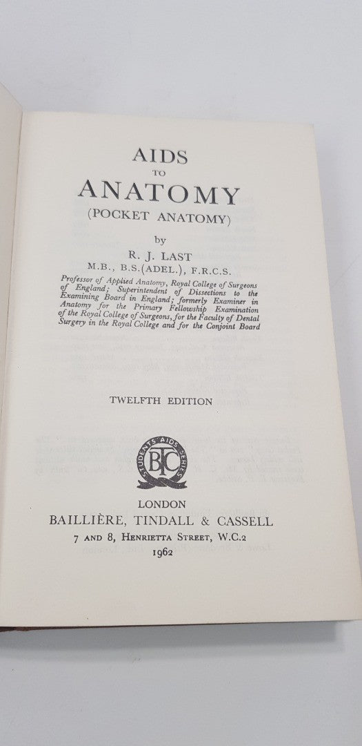 Aids To Anatomy (Pocket Anatomy) 12th Ed. By R. J. Last Hardback Vintage
