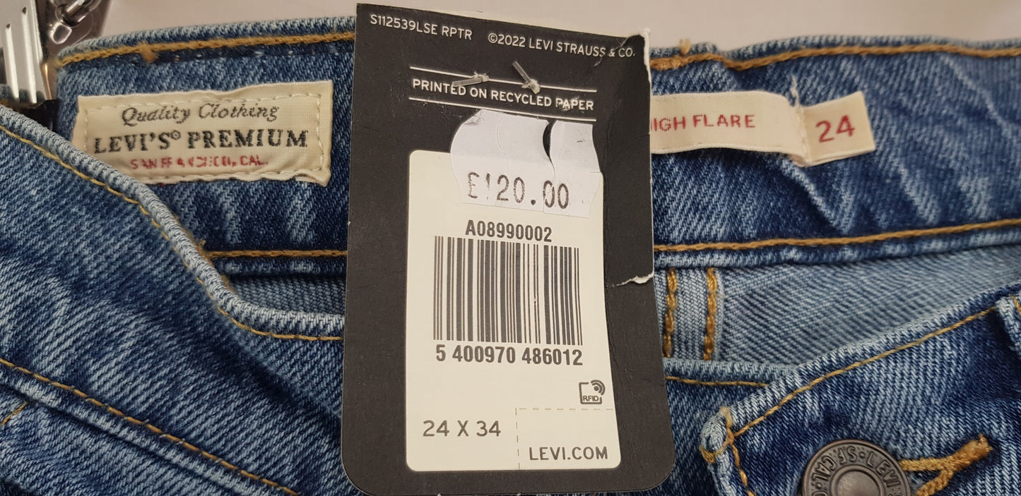 Levis W24 L34 70s High Flare Stretchy Blue Jeans BNWT