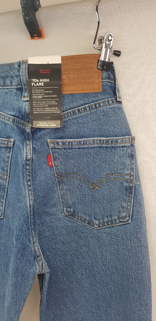 Levis W24 L34 70s High Flare Stretchy Blue Jeans BNWT