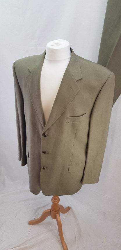 Jeagar Mens Suit Linen Silk Sage 50R Trousers 52R (Euro Size) Jacket VGC