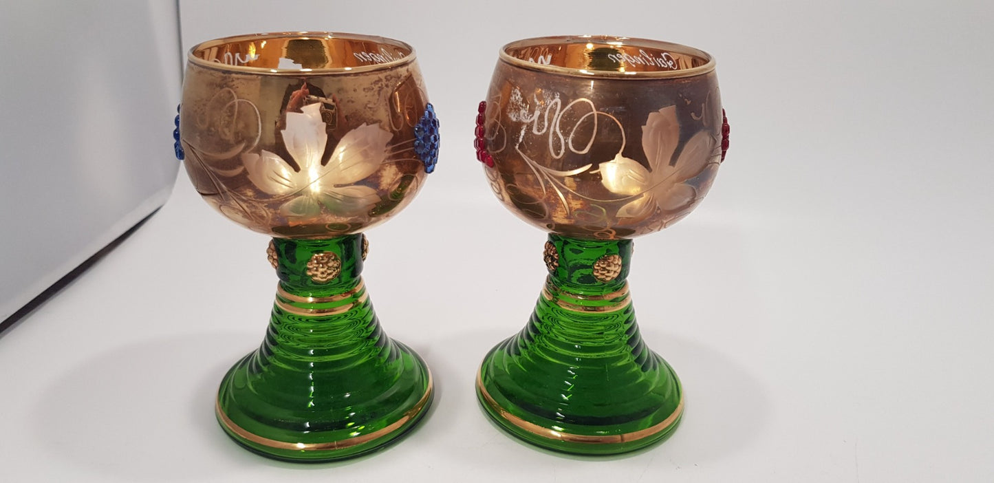 German Jewelled Wine Glass x2 Stemed Boppard Green Gold Vintage