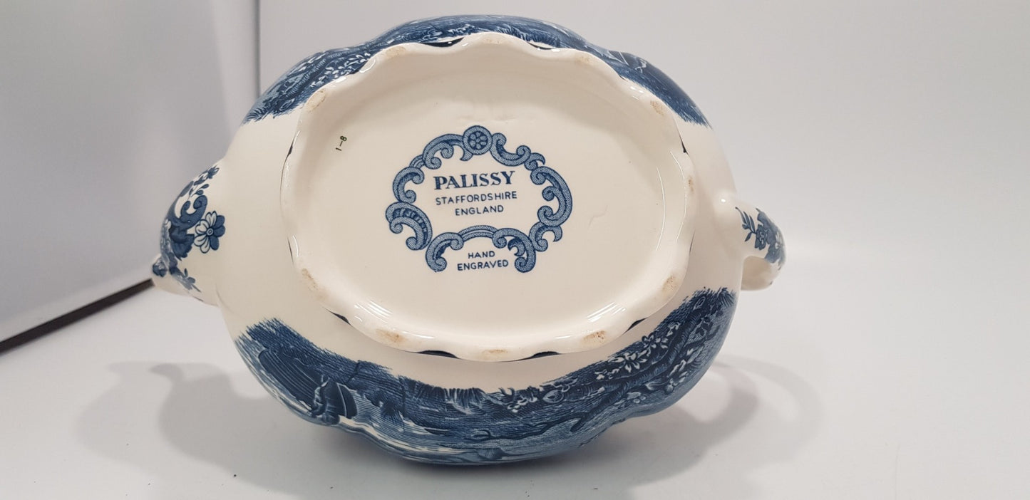 Palissy Staffordshire Pottery Blue White Tea Pot Hand Engraved 2.5 Pints VGC