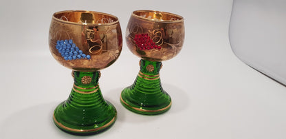 German Jewelled Wine Glass x2 Stemed Boppard Green Gold Vintage