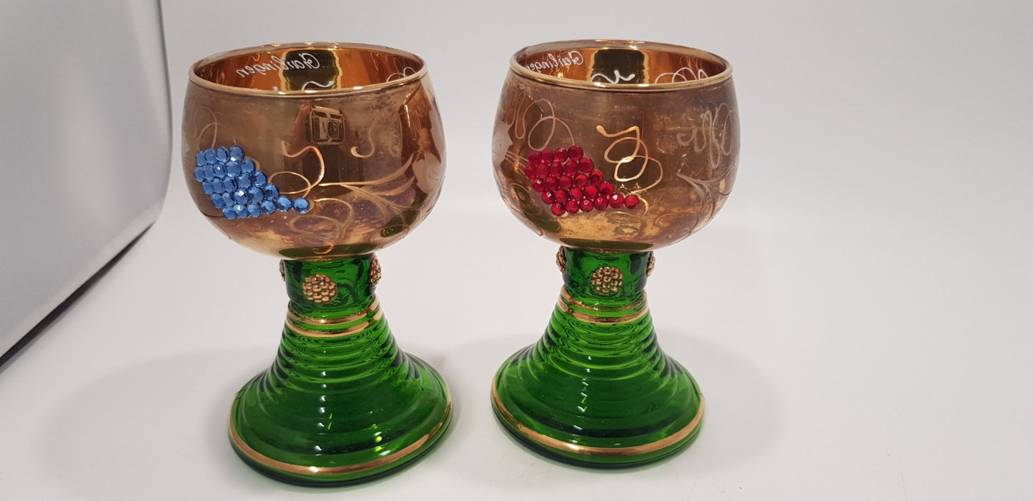 German Jewelled Wine Glass x2 Stemed Boppard Green Gold Vintage