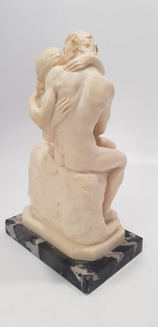 A.Santini Sculpture Nude Kissing Couple Sat Down THE KISS Alabaster on Onyx VGC