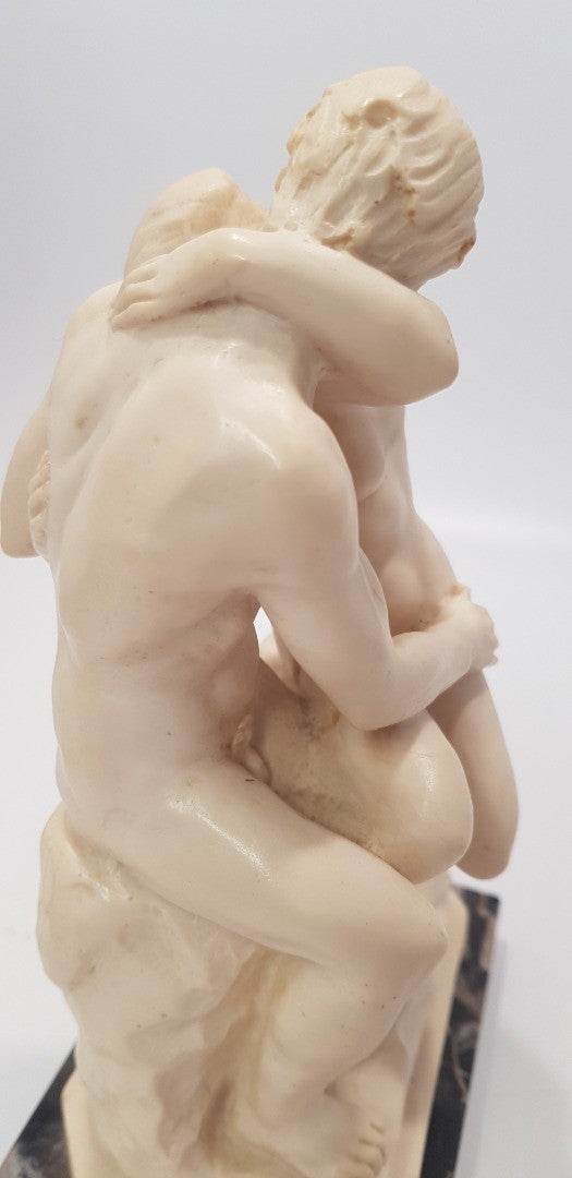 A.Santini Sculpture Nude Kissing Couple Sat Down THE KISS Alabaster on Onyx VGC