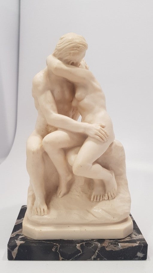 A.Santini Sculpture Nude Kissing Couple Sat Down THE KISS Alabaster on Onyx VGC