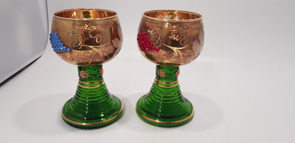 German Jewelled Wine Glass x2 Stemed Boppard Green Gold Vintage