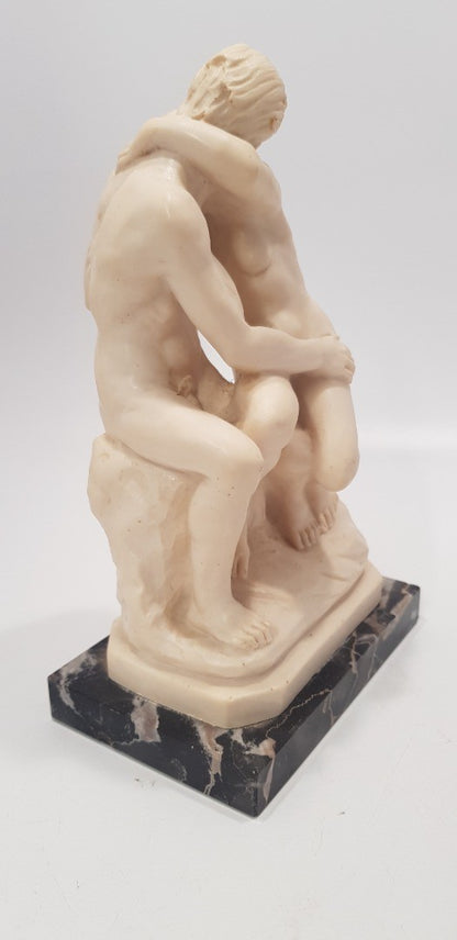 A.Santini Sculpture Nude Kissing Couple Sat Down THE KISS Alabaster on Onyx VGC