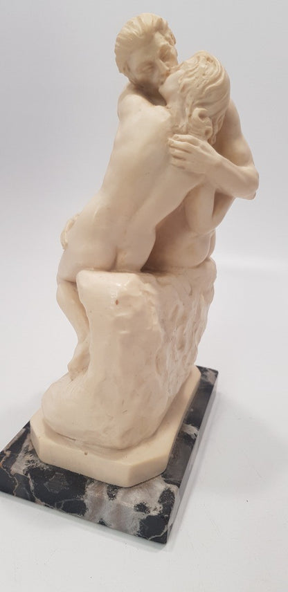 A.Santini Sculpture Nude Kissing Couple Sat Down THE KISS Alabaster on Onyx VGC