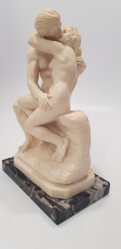 A.Santini Sculpture Nude Kissing Couple Sat Down THE KISS Alabaster on Onyx VGC